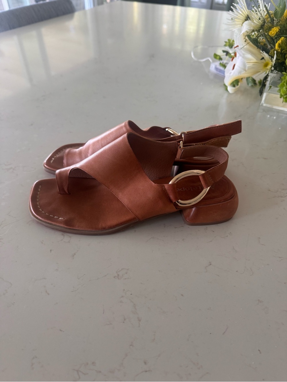 Antelope Brown Leather Slingback Sandals with Gold Ring